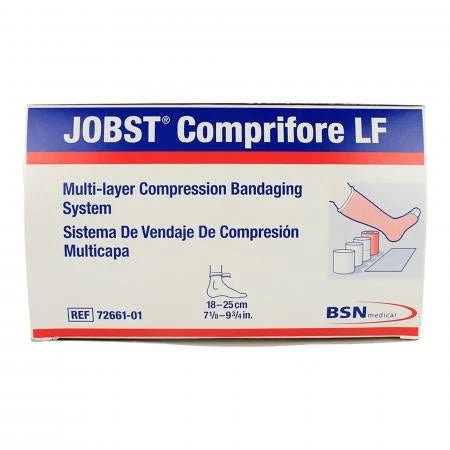 A box of JOBST Comprimirofre LF, a multi-layer compression bandaging system, shown against a plain white background. The packaging is white with a blue header and red accents, featuring a diagram of a bandaged foot.