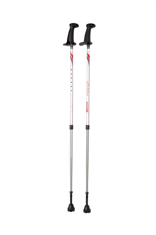 Two ski poles with black and red design on a white background