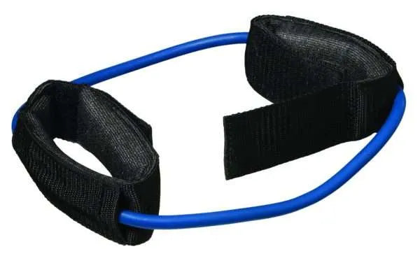 Blue - CanDo Exercise Tubing with padded ankle and wrist cuffs for portable strength and resistance training
