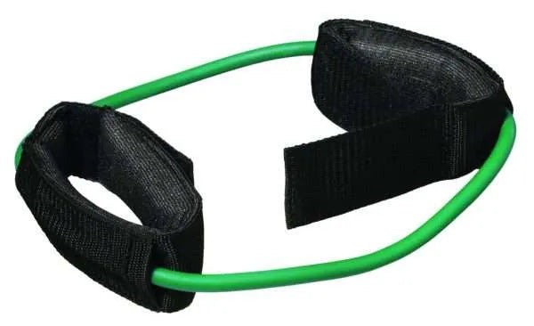 Green - CanDo Exercise Tubing with padded ankle and wrist cuffs for portable strength and resistance training