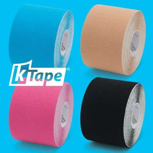 K-Tape Kinesiology Tape applied to athlete's knee for muscle pain relief and joint support during recovery