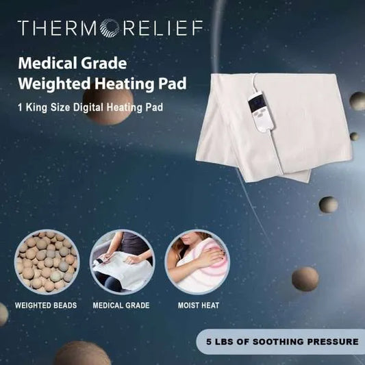 Thermorelief weighted heating pad with features highlighted on a space-themed background