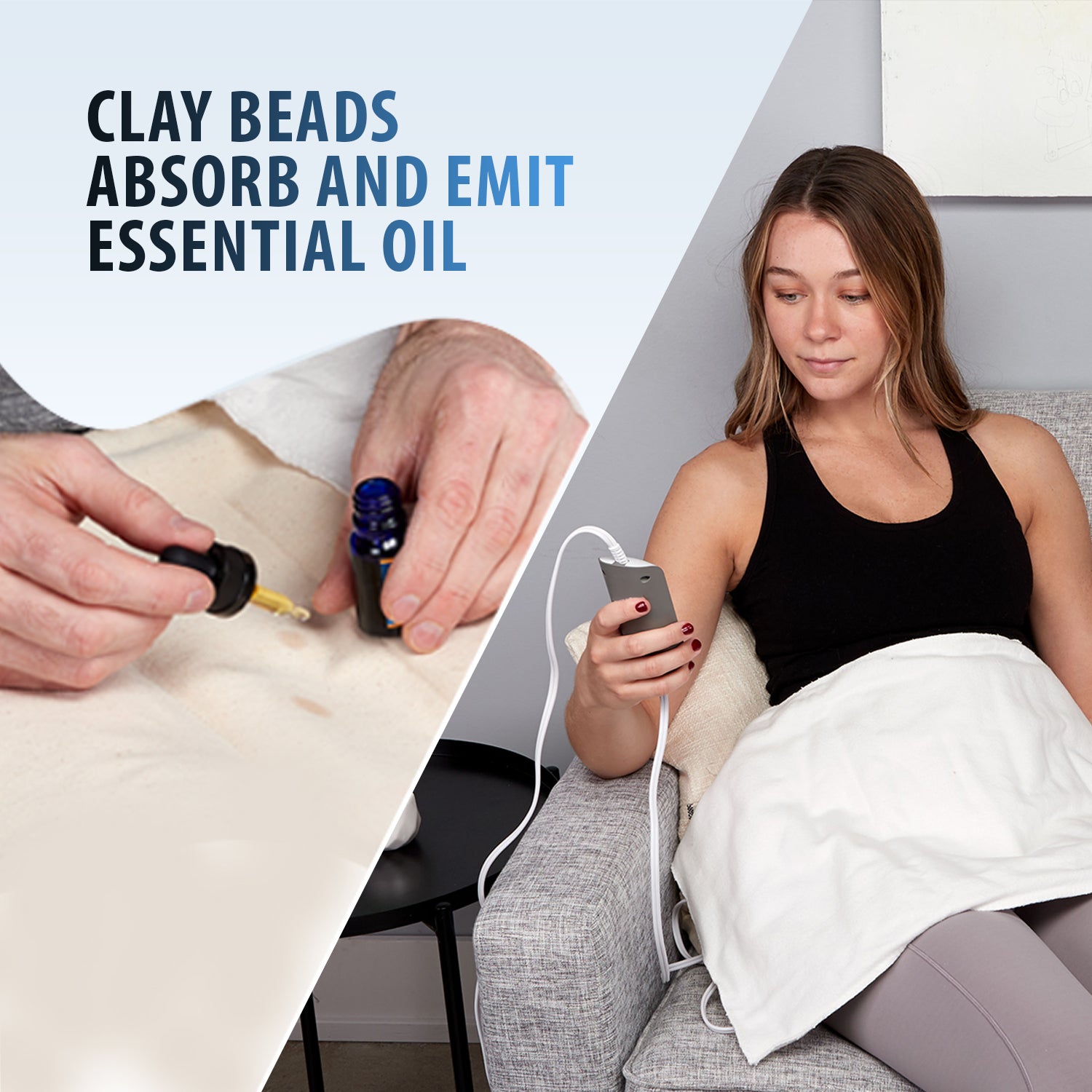 Woman using a heating pad with text about clay beads absorbing and emitting essential oil.