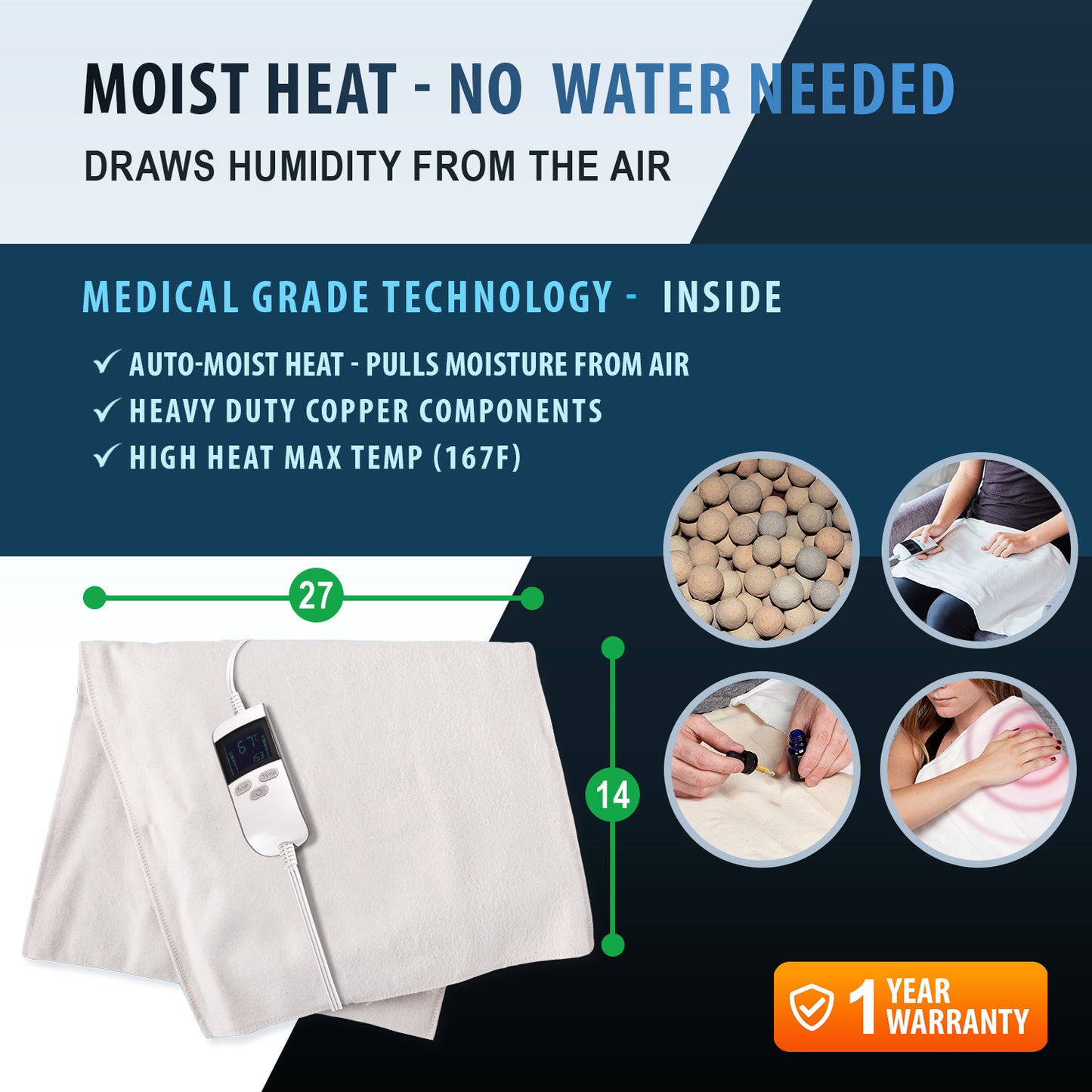 Heating pad with text about moist heat therapy and medical grade technology.