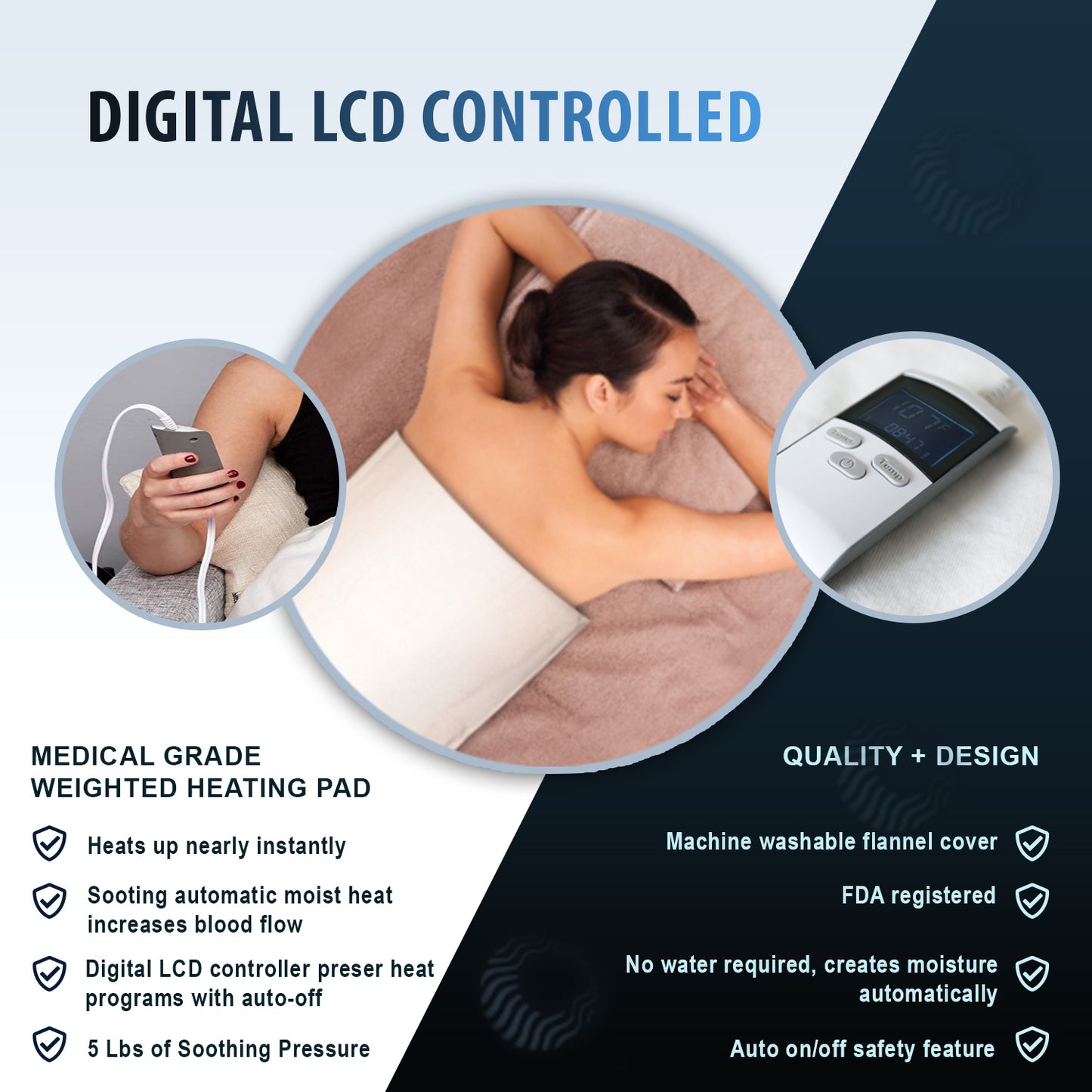 Woman using a digital LCD controlled heating pad with product features listed on a blue and black background.