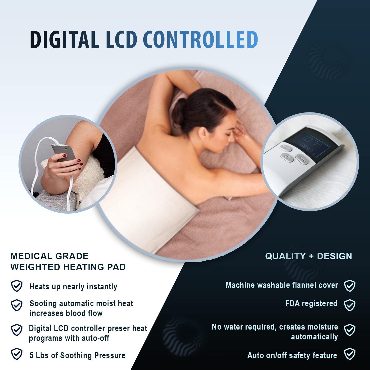 Woman using a digital LCD controlled heating pad with product features listed on a blue and black background.