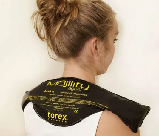 Person using a Torex Mojility agent on their shoulder against a white background