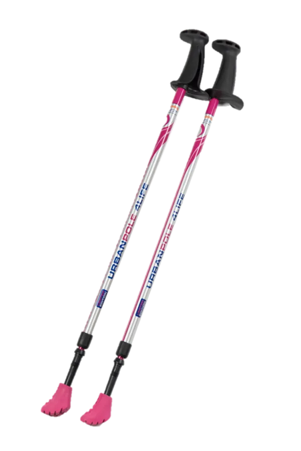 Pair of pink and black hiking poles on a white background