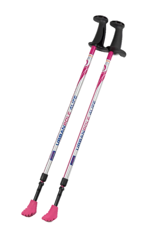 Pair of pink and black hiking poles on a white background