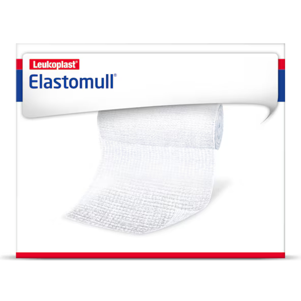 Leukoplast Elastomull wound dressing roll in its retail packaging, showing a white gauze bandage with a textured mesh pattern.