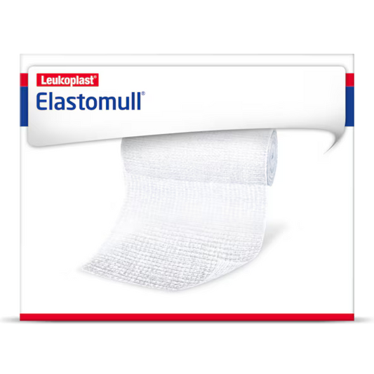 Leukoplast Elastomull wound dressing roll in its retail packaging, showing a white gauze bandage with a textured mesh pattern.