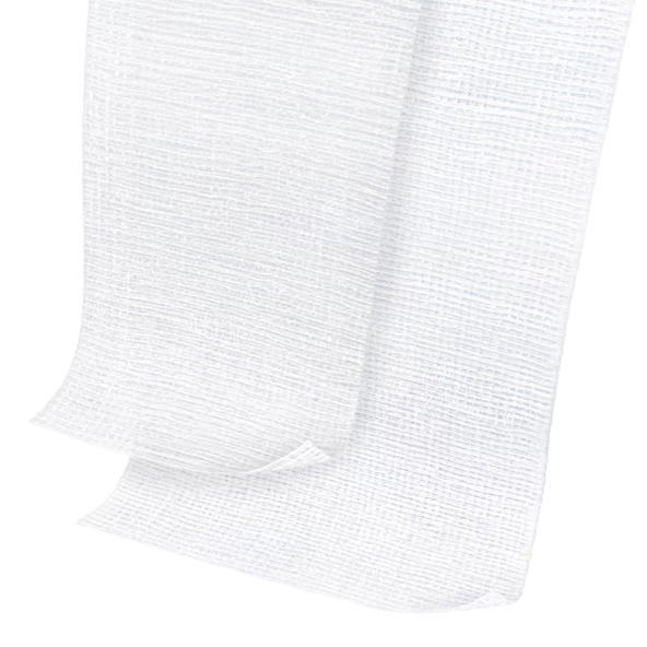 White gauze bandage or medical dressing material shown folded on a plain white background.