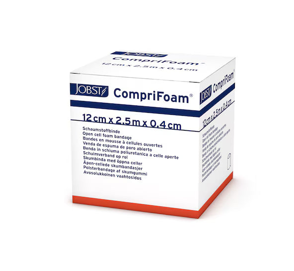 A white cardboard box of Jobst CompriFoam 12 cm x 2.5 cm x 0.