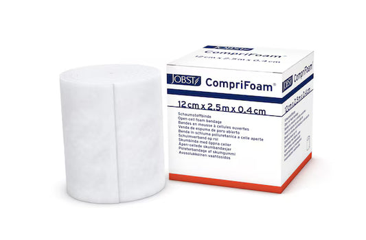 A roll of white CompriFoam compression bandages stands next to its white, blue, and orange retail box on a clean white background. The box displays the Jobst brand and product specifications of 12 cm x 2.