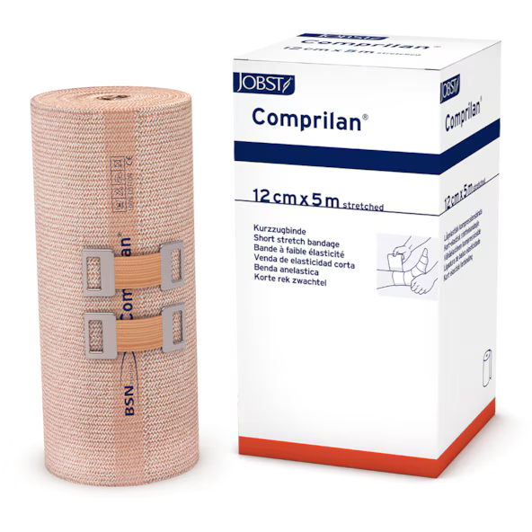 JOBST Comprilan short stretch compression bandage applied to lower leg for venous and lymphedema care