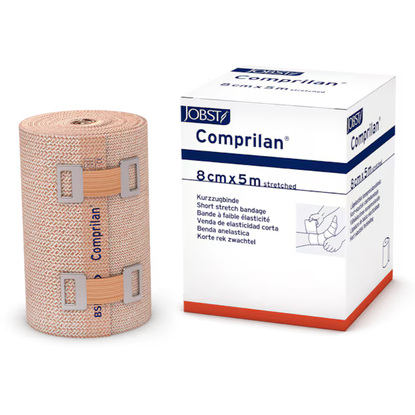 JOBST Comprilan short stretch compression bandage applied to lower leg for venous and lymphedema care